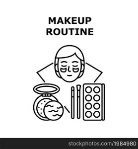Makeup Routine Vector Icon Concept. Beautiful Female Applying Facial Moisturizing Cream And Powder, Daily Makeup Routine. Skin Care Cosmetology Set And Brush Accessories Black Illustration. Makeup Routine Vector Concept Black Illustration