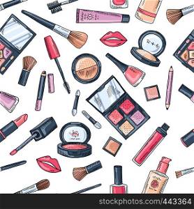 Makeup seamless pattern. Illustrations of different cosmetics. Lipstick and pomade glamour vector background. Makeup seamless pattern. Illustrations of different cosmetics