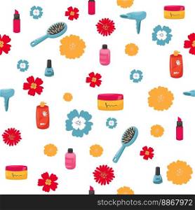 Makeup seamless pattern. Illustrations of different cosmetics. Lipstick and pomade glamour vector background.. Makeup seamless pattern. Illustrations of different cosmetics. Lipstick and pomade glamour vector background