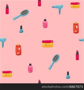 Makeup seamless pattern. Illustrations of different cosmetics. Lipstick and pomade glamour vector background. Makeup seamless pattern. Illustrations of different cosmetics. Lipstick and pomade glamour vector background,