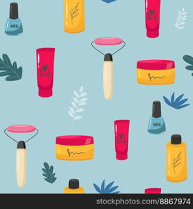 Makeup seamless pattern. Illustrations of different cosmetics. Lipstick and pomade glamour vector background,. Makeup seamless pattern. Illustrations of different cosmetics. Lipstick and pomade glamour vector background