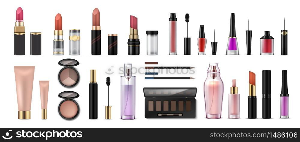 Makeup set. Realistic cosmetic products, glossy lipsticks, pencils, shadows, highlighters and artist tools. Vector 3D professional cosmetics object set, beauty collection face fashion. Makeup set. Realistic cosmetic products, glossy lipsticks, pencils, shadows, highlighters and artist tools. Vector 3D beauty collection