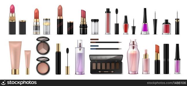 Makeup set. Realistic cosmetic products, glossy lipsticks, pencils, shadows, highlighters and artist tools. Vector 3D professional cosmetics object set, beauty collection face fashion. Makeup set. Realistic cosmetic products, glossy lipsticks, pencils, shadows, highlighters and artist tools. Vector 3D beauty collection