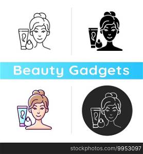 Makeup sponge icon. Foundation, concealer, beauty balms applying. Teardrop-shaped sponge. Achieving sheer makeup application. Linear black and RGB color styles. Isolated vector illustrations. Makeup sponge icon
