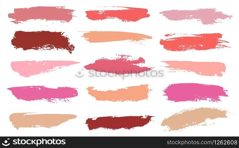 Makeup strokes. swatches of crushed texture pink lipstick and beautiful fashion cosmetics smear paint products for face vector set. Makeup strokes. swatches of crushed texture pink lipstick and beautiful fashion cosmetics smear paint for face vector set