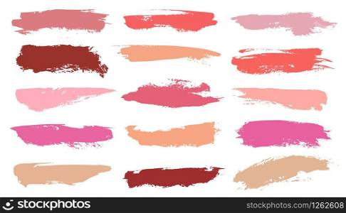 Makeup strokes. swatches of crushed texture pink lipstick and beautiful fashion cosmetics smear paint products for face vector set. Makeup strokes. swatches of crushed texture pink lipstick and beautiful fashion cosmetics smear paint for face vector set