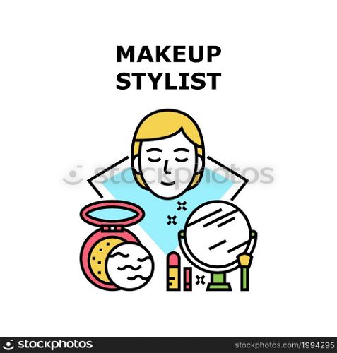 Makeup Stylist Vector Icon Concept. Makeup Stylist Treatment Client In Beauty Or Spa Salon, Mirror And Brush Cosmetology Accessories, Powder And Lipstick Cosmetic Color Illustration. Makeup Stylist Vector Concept Color Illustration
