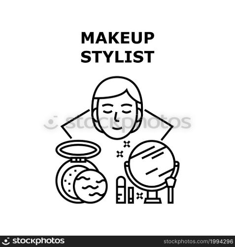 Makeup Stylist Vector Icon Concept. Makeup Stylist Treatment Client In Beauty Or Spa Salon, Mirror And Brush Cosmetology Accessories, Powder And Lipstick Cosmetic Black Illustration. Makeup Stylist Vector Concept Black Illustration