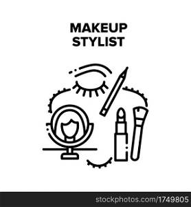Makeup Stylist Vector Icon Concept. Professional Makeup Stylist Treatment In Beauty Salon. Brush And Lipstick, Eyeshadow And Mirror Hairdresser Accessories And Tools Black Illustration. Makeup Stylist Vector Black Illustrations
