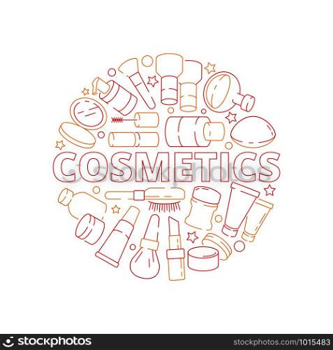 Makeup symbols. Beauty woman cosmetic items in circle shape eyeshadow lipstick cream nail polish vector design concept. Illustration of badge shape with lipstick and brush, powder and perfume. Makeup symbols. Beauty woman cosmetic items in circle shape eyeshadow lipstick cream nail polish vector design concept
