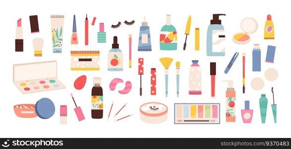 Makeup tools. Beauty cosmetic products in bottles, lipstick, mascara brush, eye shadows, polish and creams. Make up and skin care vector set. Illustration makeup and bottle with cream for care. Makeup tools. Beauty cosmetic products in bottles, lipstick, mascara brush, eye shadows, polish and creams. Make up and skin care vector set