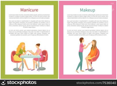 Makeup visagiste working with clients face using brush. Manicure manicurist polishing nails vector posters with text sample. Nail polishing and brushing face. Makeup and Visagiste, Manicure Manicurist Posters