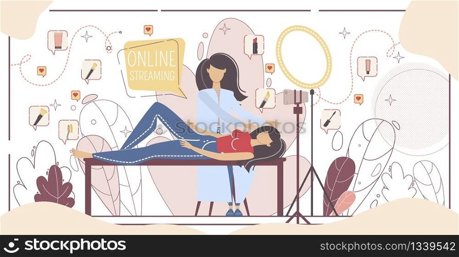 Makeup Webinar, Online Courses and Live Video Streaming Concept. Beauty Blogger, Professional Makeup Consultant, Cosmetology Expert, Woman Blogger Recording Video Trendy Flat Vector Illustration
