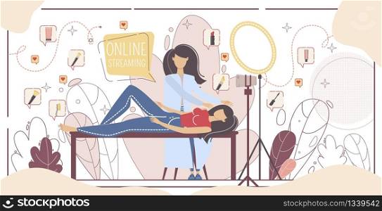 Makeup Webinar, Online Courses and Live Video Streaming Concept. Beauty Blogger, Professional Makeup Consultant, Cosmetology Expert, Woman Blogger Recording Video Trendy Flat Vector Illustration