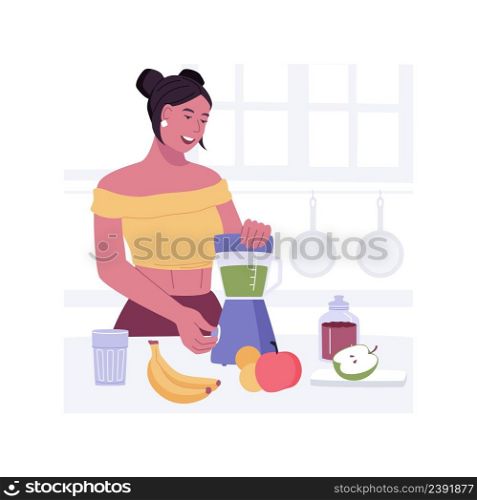 Making a smoothie isolated cartoon vector illustrations. Smiling girl makes a smoothie for breakfast, fresh fruit drinks preparation, home kitchen appliances, healthy nutrition vector cartoon.. Making a smoothie isolated cartoon vector illustrations.
