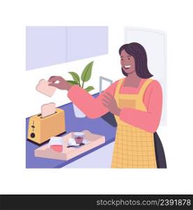 Making a toast isolated cartoon vector illustrations. Woman in apron putting a slice of bread in the toaster, healthy lifestyle, home kitchen appliances, cooking breakfast vector cartoon.. Making a toast isolated cartoon vector illustrations.