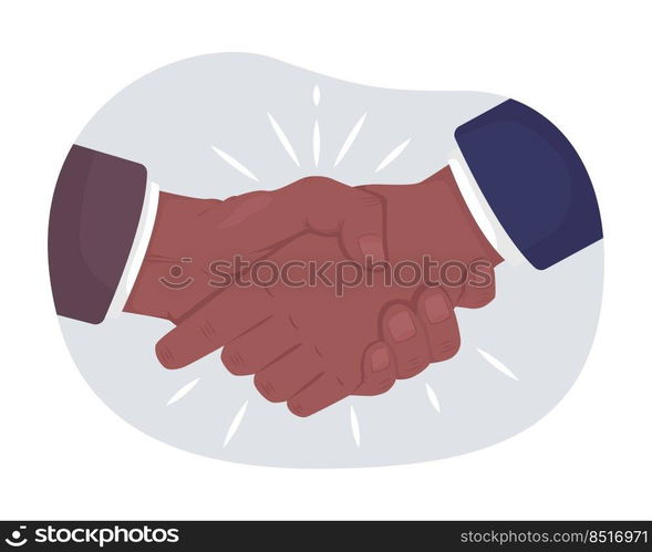 Making agreement 2D vector isolated illustration. Businessmen partnership. Traditional flat hand gesture on cartoon background. Agreement colourful editable scene for mobile, website, presentation. Making agreement 2D vector isolated illustration