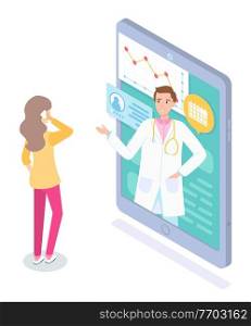 Making an appointment with a doctor on smartphone. Consultation of medical specialist online. Patient history. Patient consultation to the doctor via internet. Online medicine service and diagnostic. Online medical support. Appointment with a doctor on smartphone. Medicine and healthcare. Flat image
