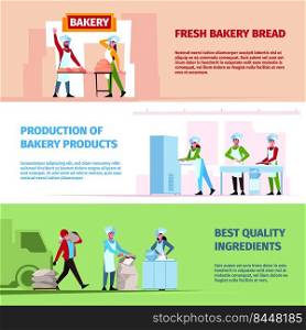 Making bakery banners. Professional chef bread cooking industrial production preparing healthy food from wheat garish vector templates with place for text. Illustration of chef bakery bread. Making bakery banners. Professional chef bread cooking industrial production preparing healthy food from wheat garish vector templates with place for text