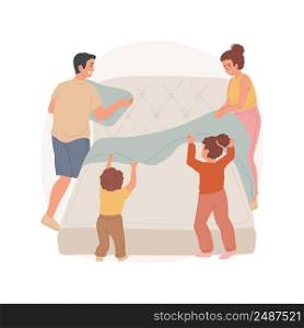 Making bed isolated cartoon vector illustration. Parents and kids making bed together, having fun, holding a blanket, organize bedroom, put pillows, family daily routine vector cartoon.. Making bed isolated cartoon vector illustration.