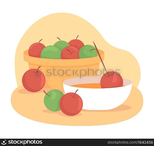 Making candy apples 2D vector isolated illustration. Dessert in syrup for October. Fall treats flat composition on cartoon background. Autumnal seasonal harvest cooking colourful scene. Making candy apples 2D vector isolated illustration