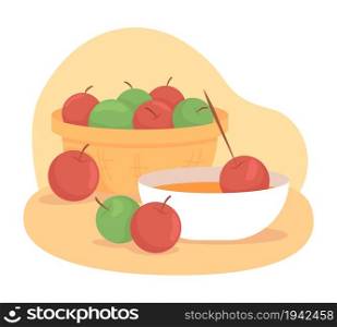 Making candy apples 2D vector isolated illustration. Dessert in syrup for October. Fall treats flat composition on cartoon background. Autumnal seasonal harvest cooking colourful scene. Making candy apples 2D vector isolated illustration