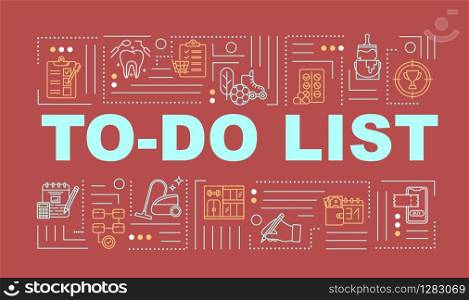 Making checklist word concepts banner. To do list of daily tasks and chores. Infographics with linear icons on red. Planning appointments. Isolated typography. Vector outline RGB color illustration