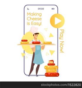 Making cheese is easy cartoon smartphone vector app screen. Cheesemaking game. Cheesemaker. Mobile phone displays with flat character design mockup. Application telephone cute interface