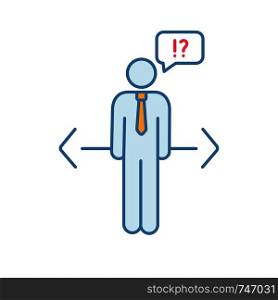 Making choice color icon. Decision management. Ethical dilemma. Job opportunities. Confused businessman. Ethical decision. Isolated vector illustration. Making choice color icon