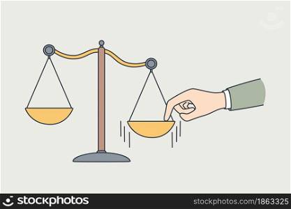 Making choice, measuring values concept. Human hand putting finger to one side on scales making decision and choice vector illustration . Making choice, measuring values concept
