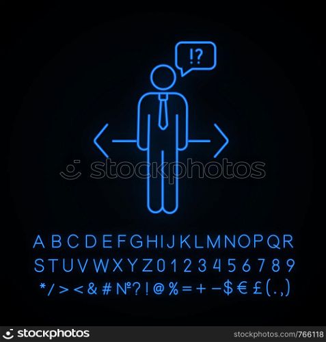 Making choice neon light icon. Decision management. Ethical dilemma. Job opportunities. Confused businessman. Ethical decision. Glowing sign with alphabet, numbers. Vector isolated illustration. Making choice neon light icon