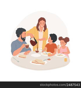 Making coffee isolated cartoon vector illustration. Family sitting at the kitchen table, mom serving breakfast, pouring a hot coffee in a cup, morning daily routine, waking up vector cartoon.. Making coffee isolated cartoon vector illustration.