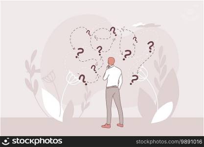 Making decision about strategy and business development way concept. Businessman cartoon character standing and ,akin right solution directions for questions dilemma situations vector illustration . Making decision about strategy and business development way concept