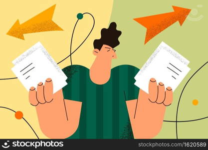 Making decision, choice, different ways concept. Frustrated teen boy holding documents in hands spreading outstretched arms trying to choose right or left direction illustration . Making decision, choice, different ways concept