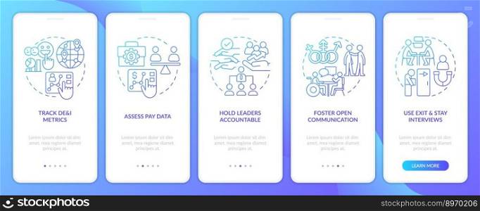 Making DEI efforts efficiency blue gradient onboarding mobile app screen. Walkthrough 5 steps graphic instructions with linear concepts. UI, UX, GUI template. Myriad Pro-Bold, Regular fonts use. Making DEI efforts efficiency blue gradient onboarding mobile app screen