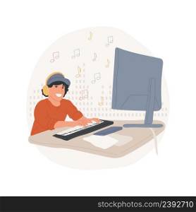 Making electronic music isolated cartoon vector illustration. Happy teenage boy composing electronic music, guy in headphones sitting in front of laptop, teens lifestyle vector cartoon.. Making electronic music isolated cartoon vector illustration.