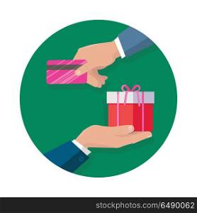 Making Gifts Vector Concept in Flat Design. Buying gifts vector in flat design. Surprise in colored box with ribbon. Shopping, sales, discount concept. Man hands with packed present and credit card. For decoration, event management companies ad