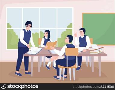 Making good group project together flat color vector illustration. Private school students doing homework. Fully editable 2D simple cartoon characters with school environment on background. Making good group project together flat color vector illustration