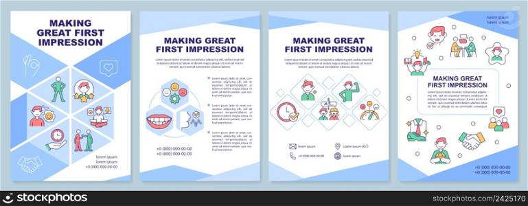 Making great first impression brochure template. Opinion and assessment. Leaflet design with linear icons. 4 vector layouts for presentation, annual reports. Arial-Black, Myriad Pro-Regular fonts used. Making great first impression brochure template