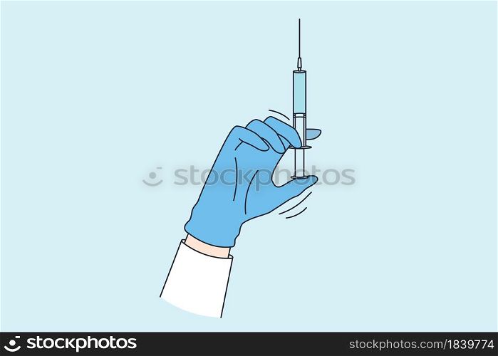 Making injection and vaccination concept. Hand of doctor in blue protective medical glove golding syringe before making vaccination or injection vector illustration . Making injection and vaccination concept