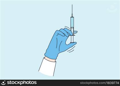 Making injection and vaccination concept. Hand of doctor in blue protective medical glove golding syringe before making vaccination or injection vector illustration . Making injection and vaccination concept