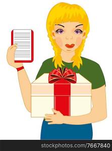Making look younger girl courier with gift in hand. Woman courier with gift on white background is insulated