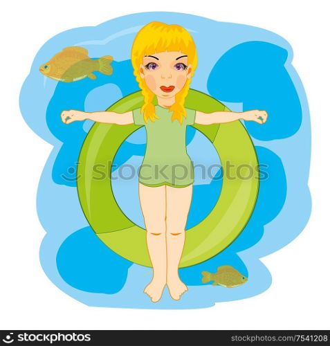 Making look younger girl sails on inflatable circle seaborne. Vector illustration of the girl sailling on circle