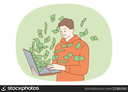 Making money and profit online concept. Young smiling man standing and looking at money cash flying from laptop screen vector illustration . Making money and profit online concept