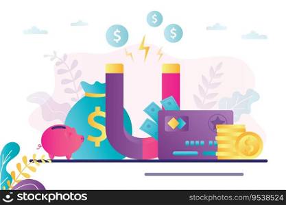 Making money concept. Big magnet attract dollar coins. Investment process, concept. Profitable and safe deposit. Financial instruments, elements of economic success. Flat vector illustration