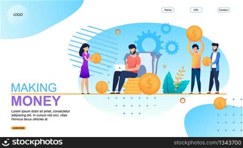 Making Money Landing Page Flat Metaphor Template. BusinessPeople, Freelancers, Brokers or Traders Hold Coins. Man Works on Laptop Sitting on Gold Money Stack. Business and Finance. Vector Illustration. Making Money Landing Page Flat Metaphor Template