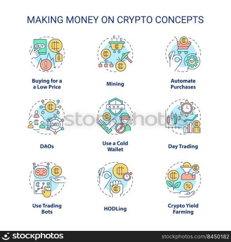 Making money on crypto concept icons set. Cryptocurrency mining. Digital finance idea thin line color illustrations. Isolated symbols. Editable stroke. Roboto-Medium, Myriad Pro-Bold fonts used. Making money on crypto concept icons set
