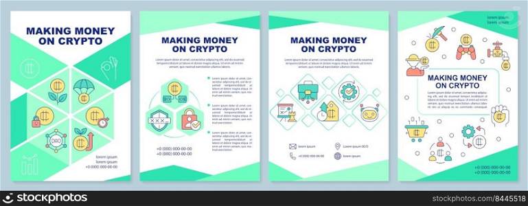 Making money on crypto green brochure template. Blockchain. Leaflet design with linear icons. Editable 4 vector layouts for presentation, annual reports. Arial-Black, Myriad Pro-Regular fonts used. Making money on crypto green brochure template