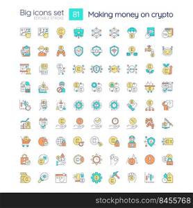 Making money on crypto RGB color icons set. Cryptocurrency stock market. Isolated vector illustrations. Simple filled line drawings collection. Editable stroke. Quicksand-Light font used. Making money on crypto RGB color icons set