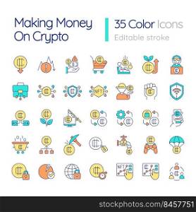 Making money on crypto RGB color icons set. Trading on cryptocurrency stock market. Isolated vector illustrations. Simple filled line drawings collection. Editable stroke. Quicksand-Light font used. Making money on crypto RGB color icons set